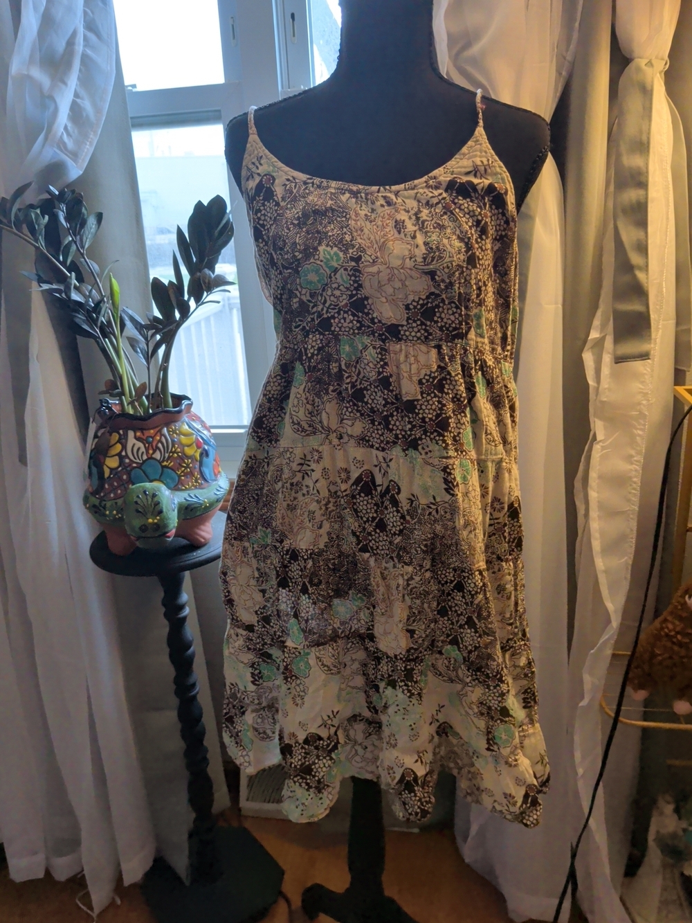 Patchwork Floral Spaghetti-Strap Midi Dress in Mint and Brown